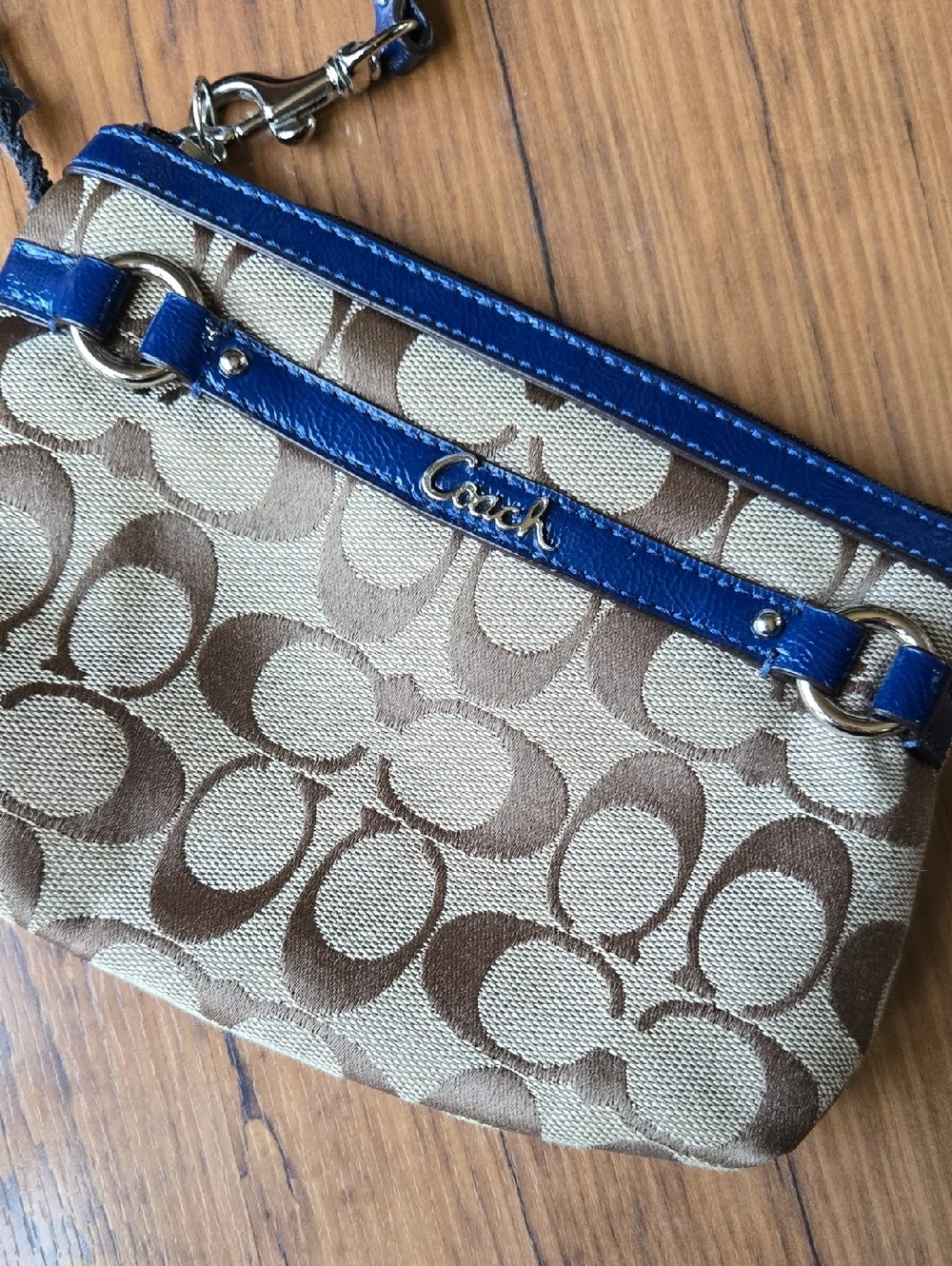Coach Beige Signature Canvas Wristlet with Blue Trim